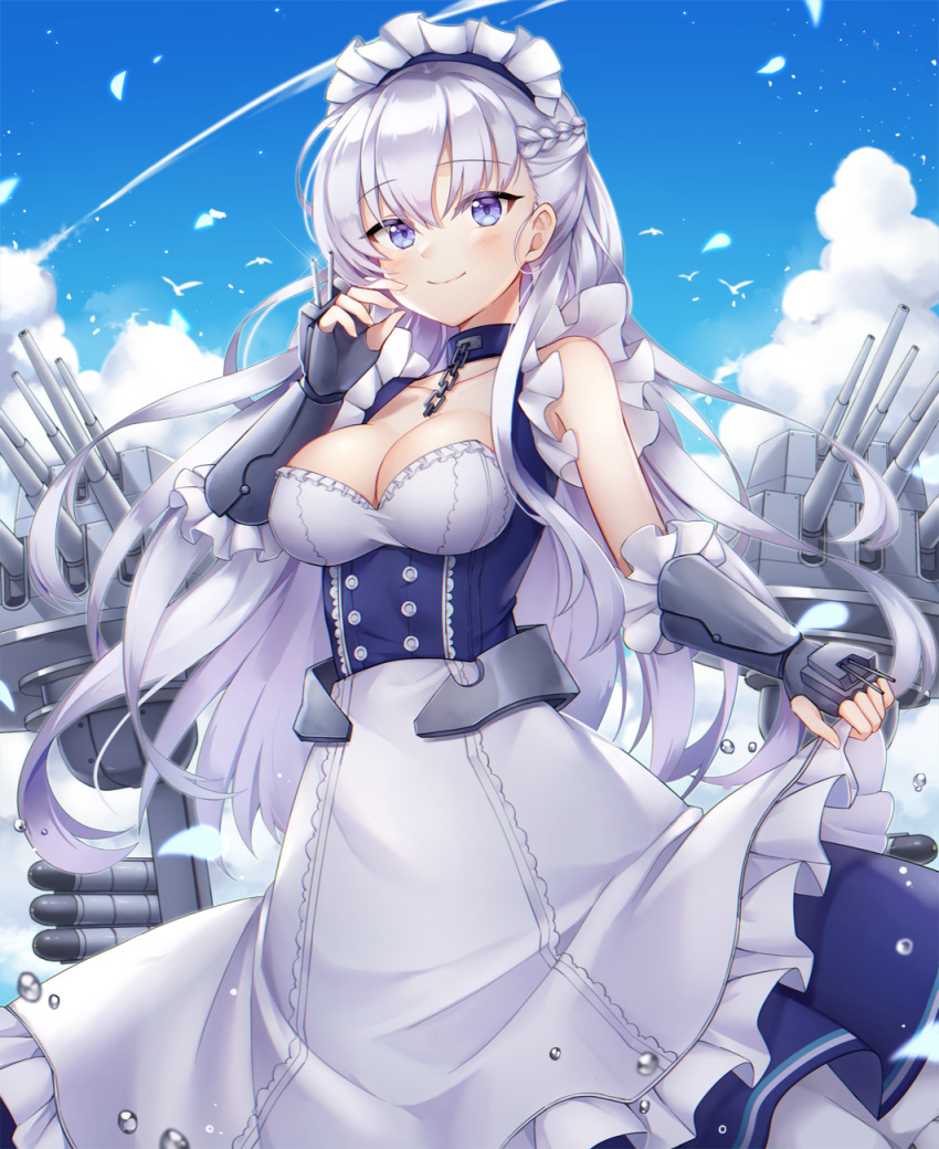 1girl apron azur_lane bare_shoulders belfast_(azur_lane) blue_dress blue_sky braid breasts cannon cleavage clouds cloudy_sky collarbone commentary_request day dress elbow_gloves fingerless_gloves frilled_apron frills gloves grey_gloves highres large_breasts long_hair machinery maid maid_headdress outdoors pong_(vndn124) silver_hair sky sleeveless sleeveless_dress solo turret very_long_hair waist_apron water_drop white_apron