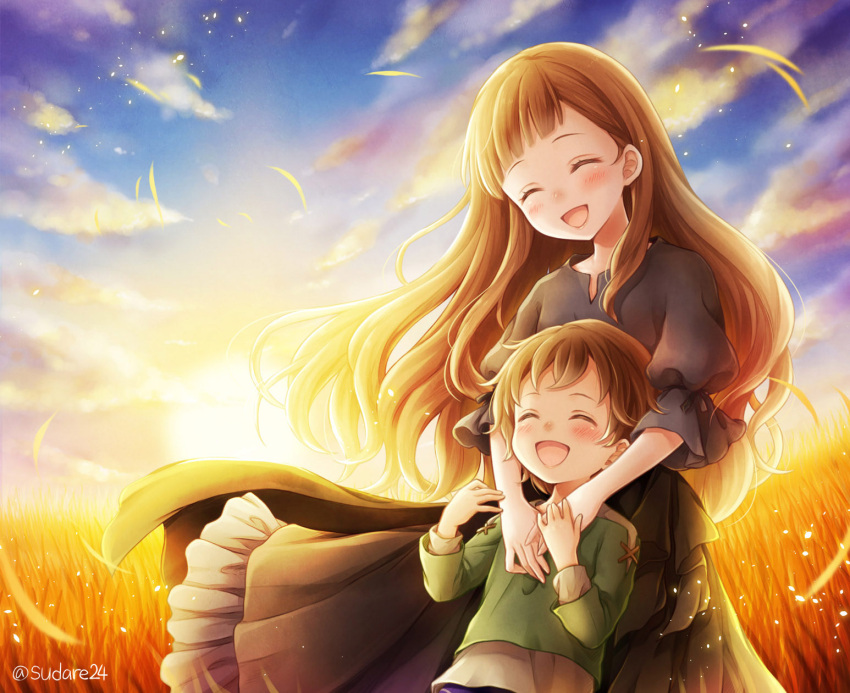 1boy 1girl :d bangs black_dress blush cannan child closed_eyes clouds commentary_request cowboy_shot dress erioru_(sayoasa) frilled_skirt frills gradient_sky grass green_shirt hands_together highres laughing leaning_on_person light_brown_hair light_particles long_hair long_sleeves maquia_(sayoasa) open_mouth outdoors puffy_short_sleeves puffy_sleeves sayonara_no_asa_ni_yakusoku_no_hana_wo_kazarou shirt shirt_under_shirt short_hair short_sleeves skirt sky smile standing sunset twilight twitter_username upper_body very_long_hair