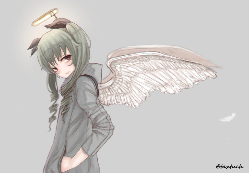 1girl anchovy angel_wings bangs black_ribbon casual closed_mouth commentary drill_hair feathered_wings feathers from_side girls_und_panzer glowing green_hair grey_background grey_coat hair_ribbon halo hands_in_pockets head_tilt highres long_hair long_sleeves looking_at_viewer red_eyes ribbon simple_background smile solo standing tacch twin_drills twintails twitter_username upper_body white_wings wings