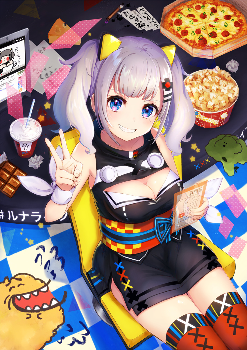 1girl bangs bare_shoulders black_dress blue_eyes blush breasts chair checkered checkered_floor chocolate_bar cleavage cleavage_cutout collarbone commentary_request cup disposable_cup dress drinking_straw eyebrows_visible_through_hair fingernails food from_above grin hair_ornament hairclip hand_up head_tilt highres holographic_interface kaguya_luna kaguya_luna_(character) long_hair looking_at_viewer looking_up medium_breasts omelet_tomato pizza popsicle red_legwear silver_hair sitting sleeveless sleeveless_dress smile solo star thigh-highs twintails v virtual_youtuber