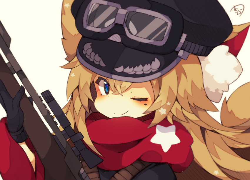 1girl ;) animal_ears bangs beige_background black_gloves black_hat blue_eyes blush cat_ears chibi closed_mouth gloves goggles goggles_on_headwear gun hair_between_eyes hat highres holding holding_gun holding_weapon light_brown_hair long_hair looking_at_viewer mole mole_under_eye muuran one_eye_closed original peaked_cap red_scarf rifle scarf scope signature simple_background smile solo star star_in_eye star_print symbol_in_eye weapon weapon_request