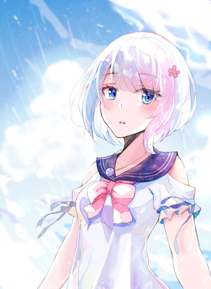 1girl bangs blue_eyes blue_sailor_collar blue_sky blush bow breasts clouds collar collarbone commentary day detached_sleeves eyebrows_visible_through_hair eyelashes floating floating_hair flower grey_hair hair_between_eyes hair_flower hair_ornament highres hyakunin_momoko light_particles light_rays medium_breasts original outdoors outstretched_arms parted_lips pink_bow ribbon ribbon-trimmed_sleeves ribbon_trim sailor_collar school_uniform serafuku shiny shiny_hair shirt short_hair short_sleeves sky solo upper_body white_hair white_shirt wind