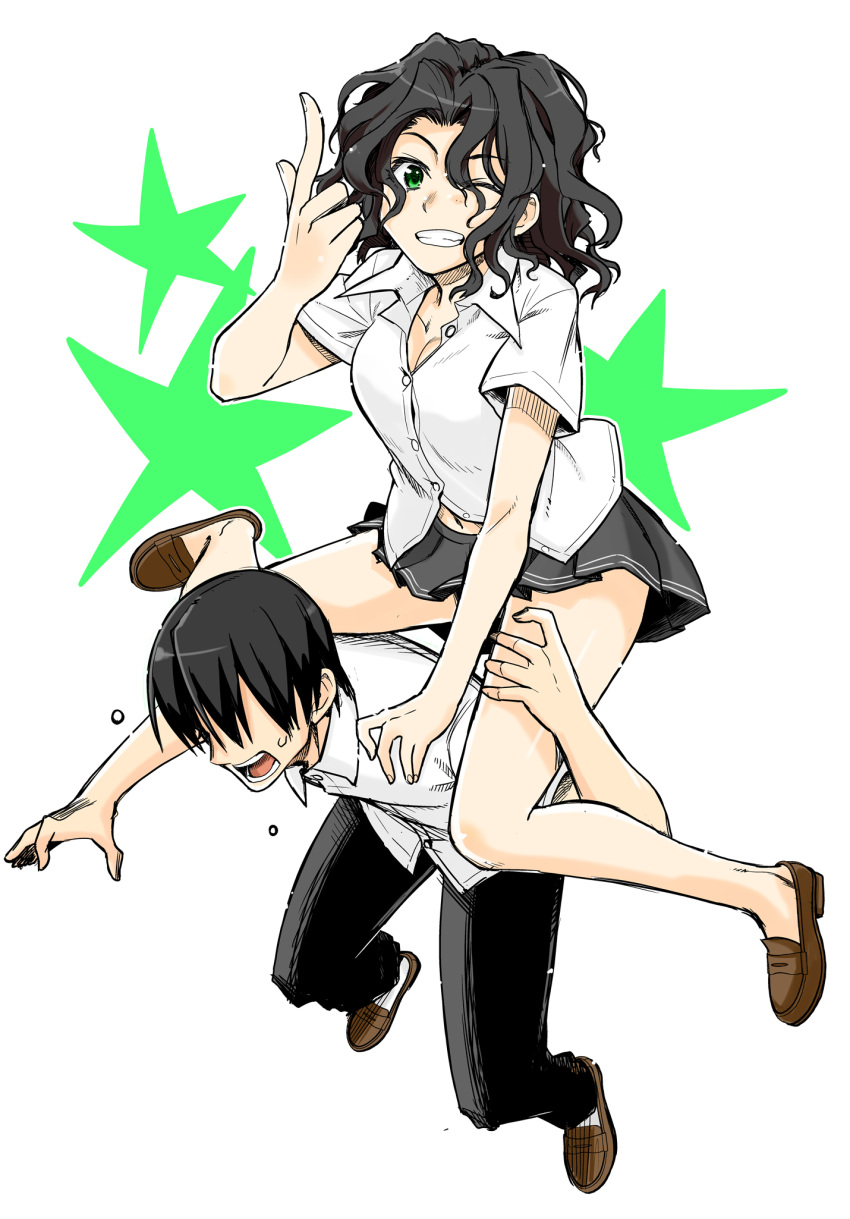 1boy 1girl alternate_eye_color amagami arm_support black_hair black_skirt breasts carrying cleavage commentary_request grin hair_over_eyes hand_up highres index_finger_raised legs loafers looking_at_viewer messy_hair mojimojiable navel no_socks one_eye_closed open_mouth pants partially_unbuttoned piggyback shoes simple_background skirt smile star tanamachi_kaoru white_background