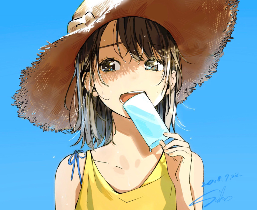1girl artist_name bangs blue_background brown_eyes brown_hair commentary_request dated eating eyebrows_visible_through_hair food hat highres holding holding_food looking_at_viewer medium_hair open_mouth original popsicle portrait sako_(user_ndpz5754) shirt signature simple_background sleeveless sleeveless_shirt solo straw_hat sweat teeth wet wet_hair