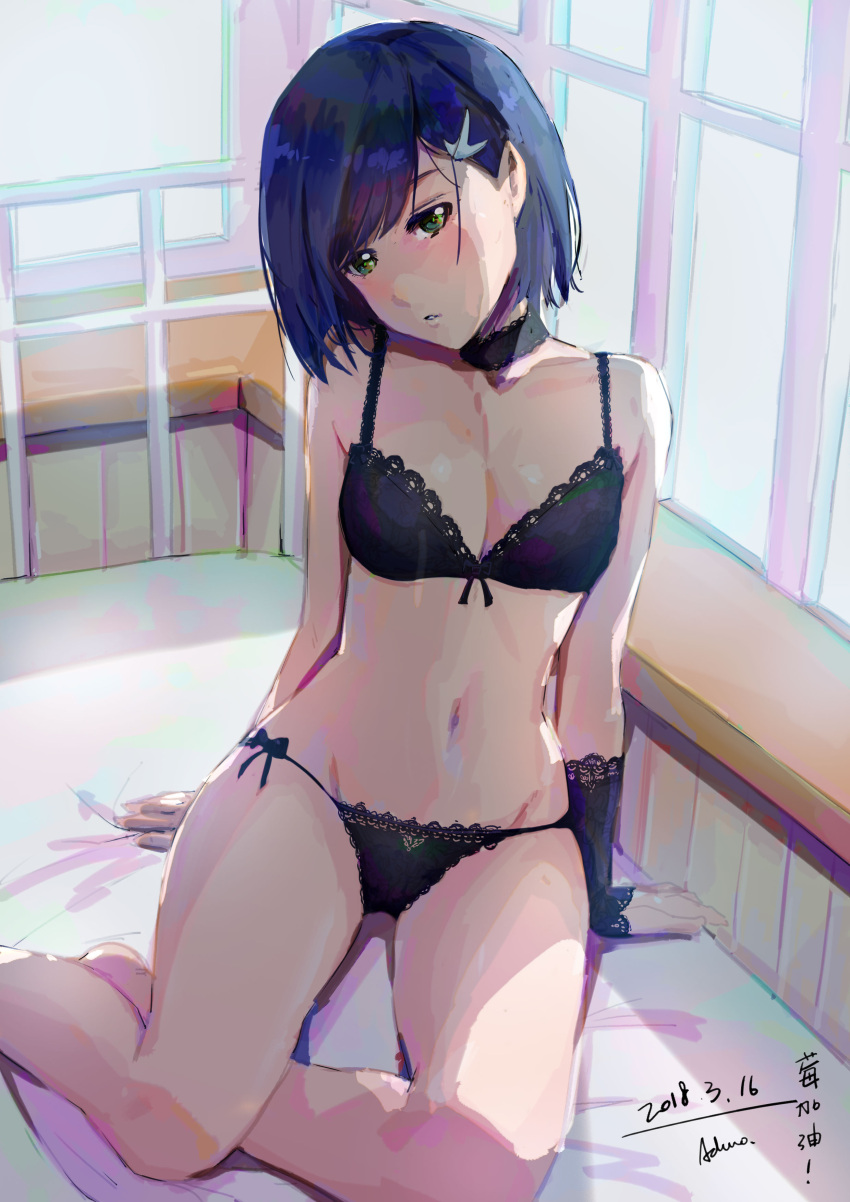 1girl absurdres aduo arm_support asymmetrical_hair bed_sheet black_panties blue_hair blush breasts choker cleavage collarbone darling_in_the_franxx green_eyes groin hair_ornament hairclip head_tilt highres ichigo_(darling_in_the_franxx) indoors medium_breasts navel panties parted_lips short_hair side-tie_panties sitting sketch small_breasts solo underwear underwear_only