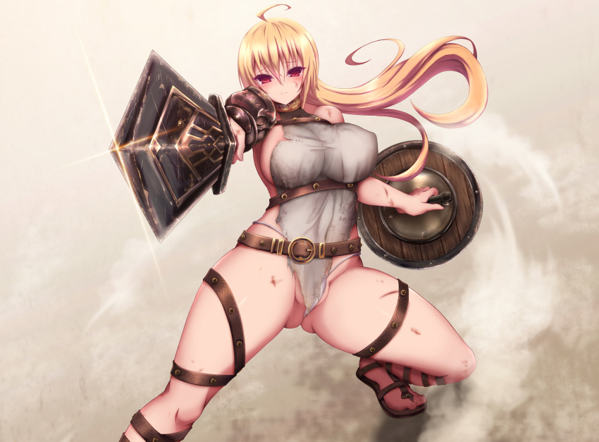 1girl ahoge akina_t armor belt blonde_hair blush breasts bruise highres injury large_breasts long_hair original red_eyes revealing_clothes shield sword torn_clothes weapon