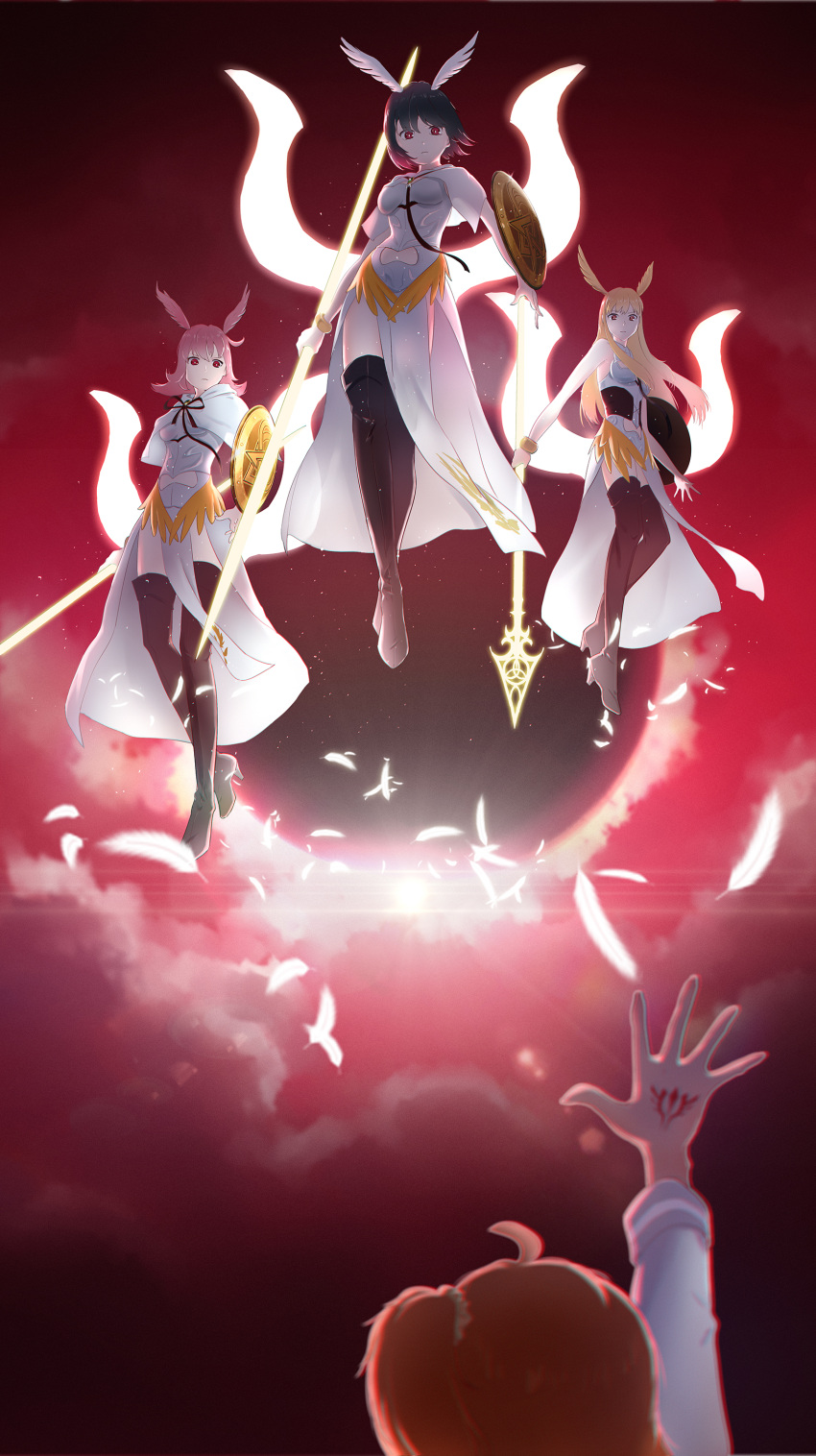 4girls absurdres black_footwear black_hair blonde_hair boots brown_hair capelet command_spell commentary_request dress eclipse energy_spear energy_wings fate/grand_order fate_(series) feathers fujimaru_ritsuka_(female) hand_up head_wings high_heel_boots high_heels highres hildr_(fate/grand_order) hood hood_down long_hair multiple_girls ortlinde_(fate/grand_order) pink_hair polearm red_eyes shield short_hair side_ponytail solar_eclipse spear thigh-highs thigh_boots thrud_(fate/grand_order) umumu valkyrie_(fate/grand_order) weapon white_capelet white_dress