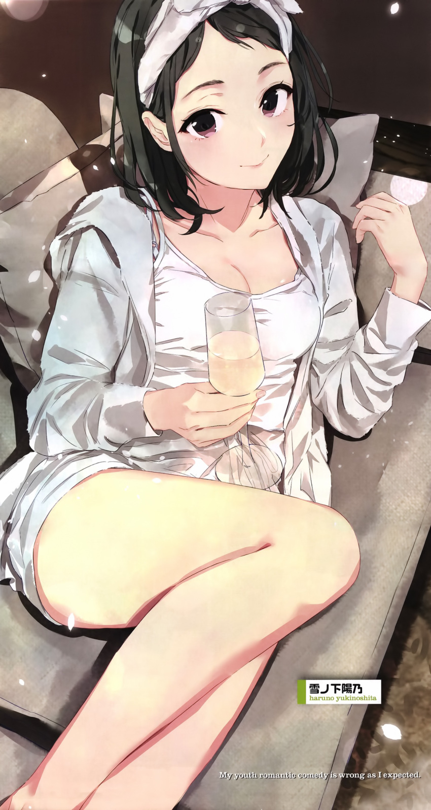1girl absurdres alcohol bare_legs black_hair blush bra_strap breasts brown_eyes camisole champagne character_name cleavage closed_mouth collarbone copyright_name couch cup drinking_glass dutch_angle feet_out_of_frame fingernails folded_leg hand_up headband highres holding holding_drinking_glass hood hood_down hooded_jacket jacket light_particles looking_at_viewer lying medium_breasts medium_hair on_couch on_side open_clothes open_jacket pillow ponkan_8 shirt short_shorts shorts sleeveless sleeveless_shirt smile solo spaghetti_strap strap white_shorts yahari_ore_no_seishun_lovecome_wa_machigatteiru. yukinoshita_haruno