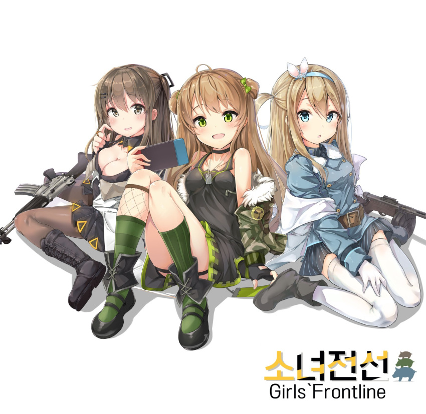 3girls :d :o ahoge assault_rifle asymmetrical_legwear bangs bare_shoulders belt black_dress black_footwear black_gloves blonde_hair blue_coat blue_eyes blush boots bow breasts brown_eyes brown_hair buckle camouflage_jacket choker cleavage coat collarbone collared_coat cross-laced_footwear daewoo_k2 dog_tags double_bun dress drum_magazine eyebrows_visible_through_hair fingerless_gloves fishnet_legwear fishnets frown fur-trimmed_jacket fur_trim girls_frontline gloves green_eyes green_legwear grey_footwear gun hair_between_eyes hair_bow hair_ornament hairband hairclip handheld_game_console highres holding_handheld_game_console horizontal-striped_legwear jacket k-2_(girls_frontline) knee_boots knees_up lace-up_boots large_breasts long_hair looking_at_viewer medium_breasts military military_uniform multiple_girls navel off_shoulder open_mouth panties pantyhose rfb_(girls_frontline) rifle scratching_cheek seeumai shirt short_dress sidelocks simple_background sitting skirt smile snowflake_hair_ornament striped striped_legwear submachine_gun suomi_kp/-31 suomi_kp31_(girls_frontline) thigh-highs thigh_strap thighs underwear uniform vertical-striped_legwear vertical_stripes wariza weapon white_background white_legwear