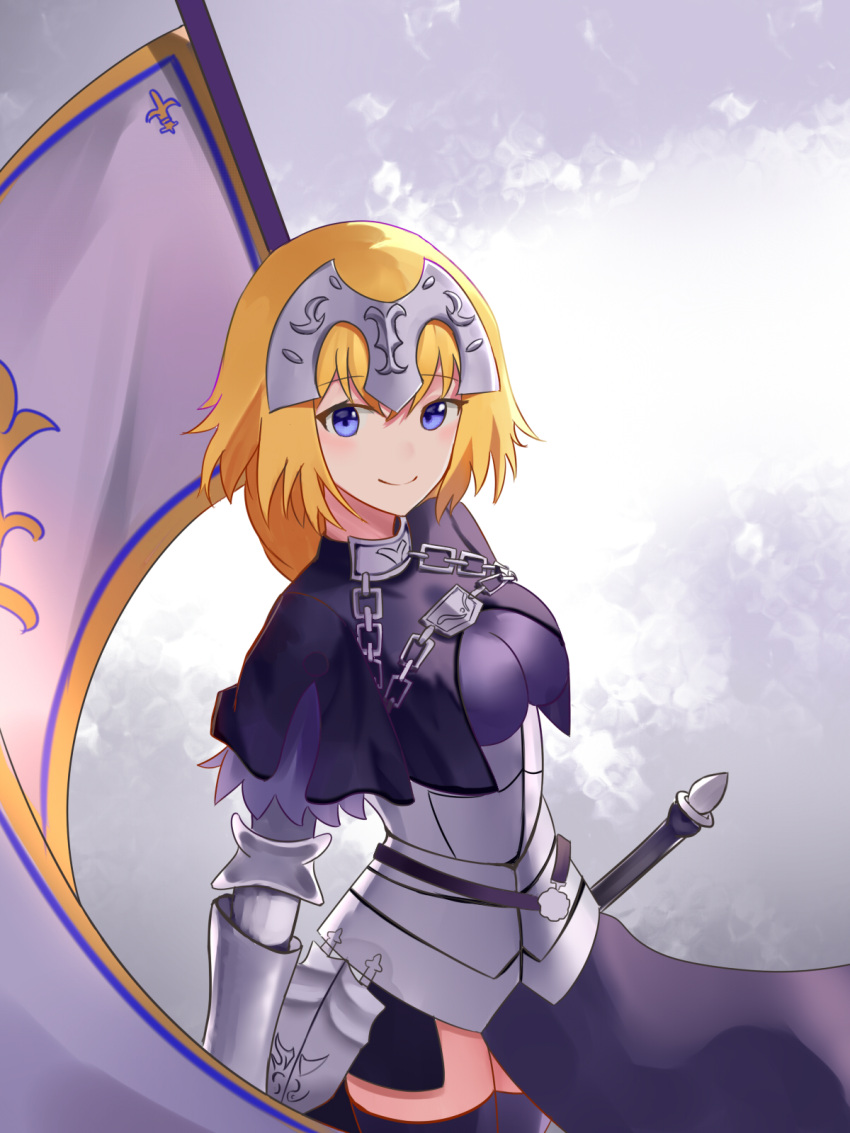 1girl april_cho armor armored_dress banner black_dress black_legwear blonde_hair blue_eyes blush chains cowboy_shot dress eyebrows_visible_through_hair fate/apocrypha fate_(series) from_side gauntlets hair_between_eyes highres jeanne_d'arc_(fate) jeanne_d'arc_(fate)_(all) long_hair looking_at_viewer smile solo standing sword thigh-highs weapon