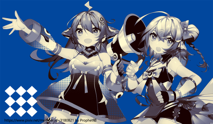 2girls :d ahoge artist_name bangs bare_shoulders bilibili_douga blue_background blush bow braid character_request commentary_request detached_sleeves dress eyebrows_visible_through_hair fang fingerless_gloves gloves hair_between_eyes hair_bow hair_ornament hand_on_hip hand_up headgear holding holding_megaphone long_sleeves megaphone multiple_girls one_side_up open_mouth outstretched_arm prophet_chu puffy_long_sleeves puffy_sleeves see-through see-through_sleeves short_dress single_glove sleeveless sleeveless_dress smile watermark web_address
