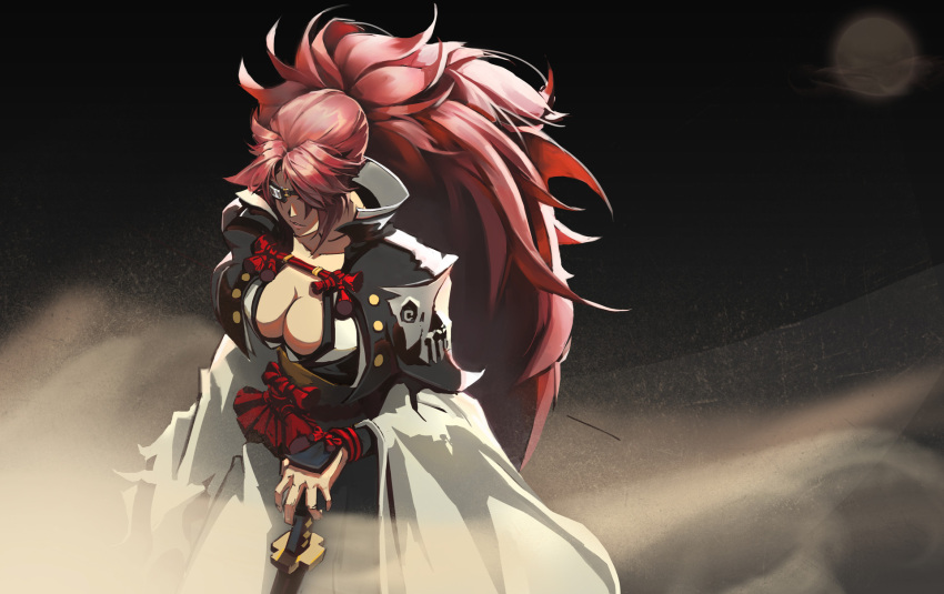 1girl amputee arm_guards baiken big_hair black_kimono breasts cleavage commentary danger0088 dark_sky dust english_commentary eyepatch facial_tattoo from_above guilty_gear guilty_gear_xrd high_collar highres jacket_on_shoulders japanese_clothes kataginu katana kimono large_breasts long_hair moon multicolored multicolored_clothes multicolored_kimono obi one-eyed open_clothes open_kimono pink_hair ponytail samurai sash scar scar_across_eye sword sword_plant tattoo very_long_hair weapon white_kimono