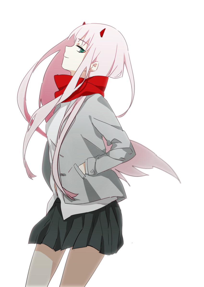 1girl black_skirt darling_in_the_franxx dress_shirt eyebrows_visible_through_hair floating_hair green_eyes grey_jacket grey_shirt hand_in_pocket highres horns jacket long_hair looking_at_viewer open_clothes open_jacket pink_hair pleated_skirt red_scarf scarf shirt simple_background skirt solo standing very_long_hair white_background yoriko zero_two_(darling_in_the_franxx)
