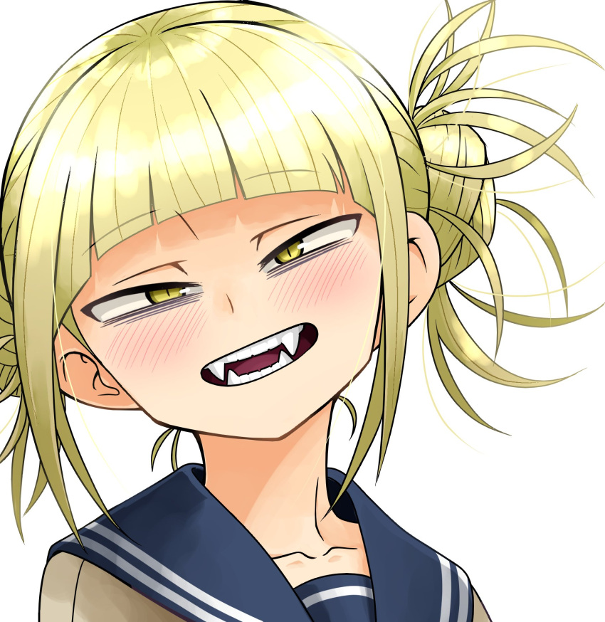 1girl bangs blonde_hair blunt_bangs boku_no_hero_academia commentary double_bun evolvingmonkey eyebrows_visible_through_hair face fangs highres light_smile looking_at_viewer open_mouth school_uniform serafuku simple_background slit_pupils solo toga_himiko white_background yellow_eyes