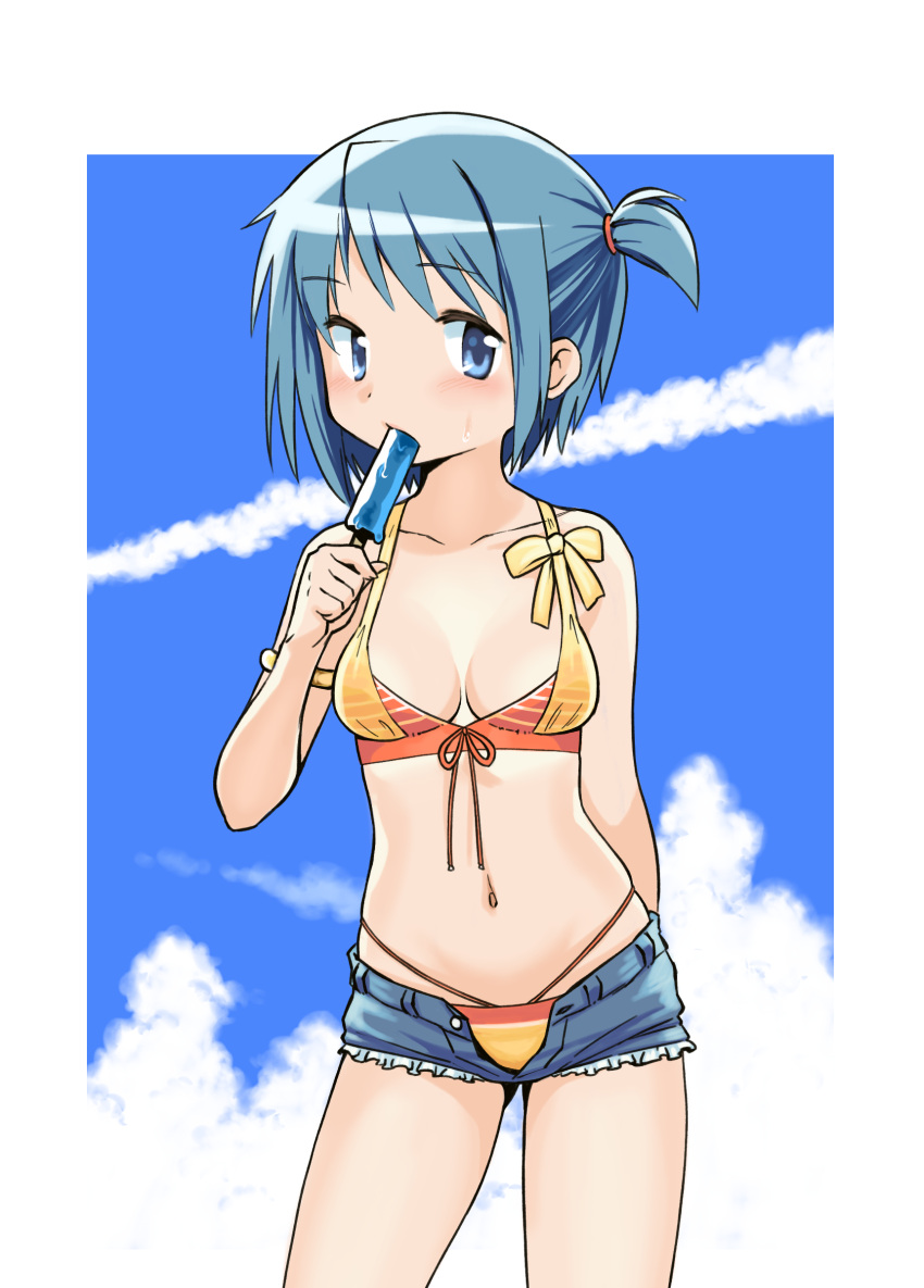 1girl absurdres arms_behind_back bikini blue_eyes blue_hair blue_sky blush border breasts cleavage clouds contrapposto cutoff_jeans cutoffs eyebrows_visible_through_hair food gloamy gluteal_fold highres mahou_shoujo_madoka_magica medium_breasts miki_sayaka navel outside_border popsicle short_hair skindentation sky solo striped striped_bikini sweat swimsuit swimsuit_under_clothes white_border