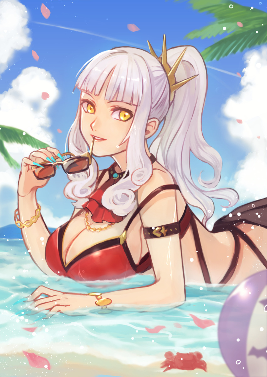 1girl arm_strap ball beachball bikini bracelet breasts carmilla_(fate/grand_order) cleavage commentary_request cravat fate/grand_order fate_(series) highres holding holding_eyewear huge_breasts jewelry long_hair looking_at_viewer looking_to_the_side lying ocean on_stomach palm_tree partially_submerged petals ponytail red_bikini red_swimsuit sangatsu_(mitsuki358) silver_hair solo summertime_mistress_(fate/grand_order) sunglasses swimsuit tree water yellow_eyes