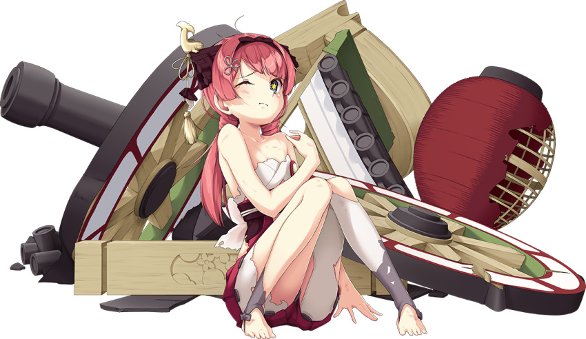 1girl ;( artist_request bare_shoulders blue_eyes broken broken_weapon cannon collarbone full_body hair_ribbon hairband lantern looking_at_viewer low_twintails nihonmatsu_(oshiro_project) no_shoes oshiro_project oshiro_project_re redhead ribbon sitting solo star star-shaped_pupils symbol-shaped_pupils torn_clothes transparent_background twintails weapon