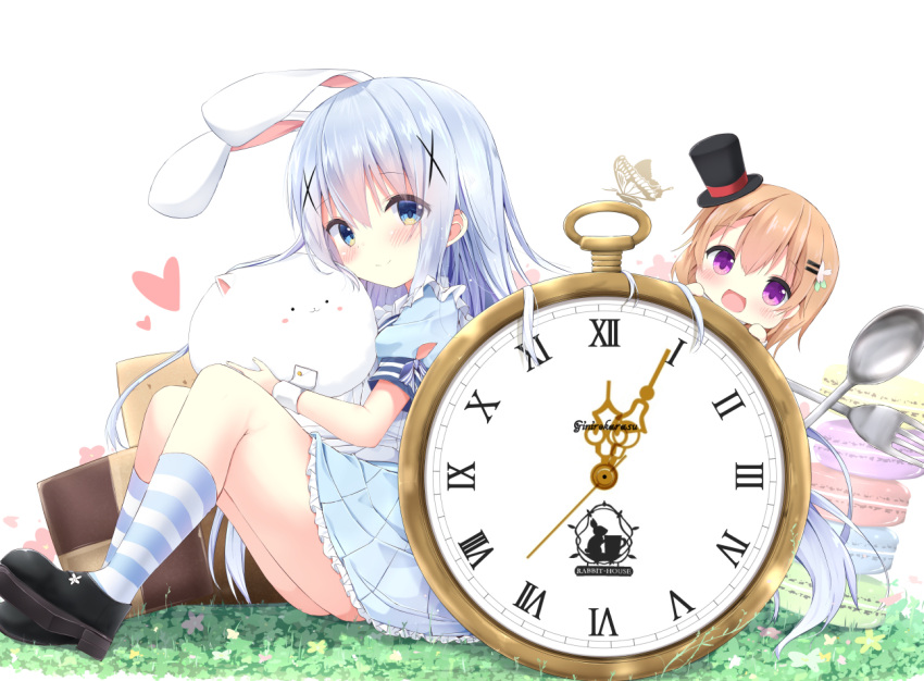 2girls :d angora_rabbit animal apron bangs black_footwear black_hat blue_eyes blue_hair blue_shirt blue_skirt blush brown_hair checkerboard_cookie chibi closed_mouth commentary_request cookie eyebrows_visible_through_hair food fork gochuumon_wa_usagi_desu_ka? grass hair_between_eyes hair_ornament hairclip hat heart hoto_cocoa kafuu_chino kneehighs kouda_suzu long_hair looking_at_viewer looking_to_the_side macaron mary_janes mini_hat mini_top_hat multiple_girls on_grass open_mouth pleated_skirt pocket_watch puffy_short_sleeves puffy_sleeves rabbit roman_numerals shirt shoes short_sleeves sitting skirt smile spoon striped striped_legwear top_hat very_long_hair violet_eyes waist_apron watch white_apron white_background wrist_cuffs