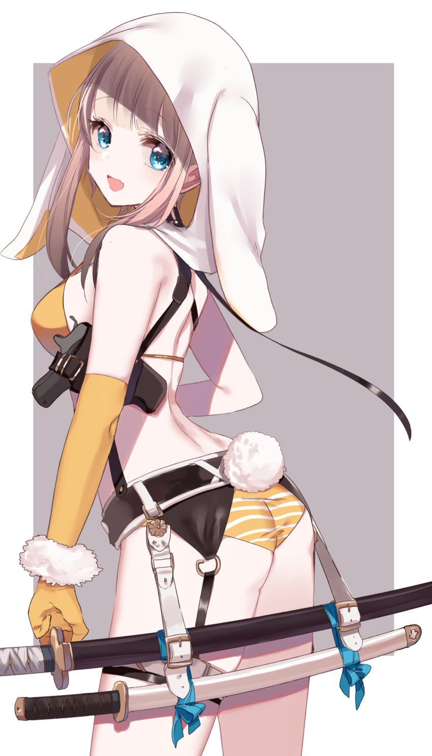 1girl :d animal_ears ass bangs bare_arms bare_shoulders bikini blue_eyes blush breasts brown_hair bunny_girl bunny_tail commentary_request cowboy_shot elbow_gloves eyebrows_visible_through_hair fang from_behind gloves grey_background gun head_tilt highres holster hood hood_up horizontal_stripes katana looking_at_viewer looking_back looking_to_the_side medium_breasts misumi_(macaroni) open_mouth orange_bikini_top orange_gloves original rabbit_ears sheath sheathed sideboob sidelocks single_elbow_glove single_glove smile solo strap_gap striped striped_bikini_bottom swimsuit sword tail two-tone_background weapon white_background white_hood