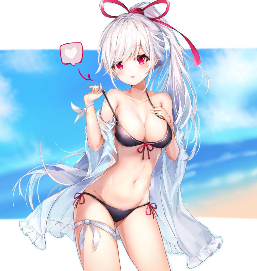 1girl bangs beach bikini blue_sky blurry blurry_background blush breasts cleavage collarbone contrapposto cowboy_shot dana_(hapong07) day eyebrows_visible_through_hair front-tie_bikini front-tie_top groin hair_ribbon hand_on_own_chest heart highres long_hair looking_at_viewer medium_breasts mole mole_under_eye navel ocean open_mouth original outdoors outside_border pink_eyes ponytail ribbon shawl side-tie_bikini sky solo spoken_heart standing stomach strap_gap strap_lift swimsuit very_long_hair white_hair