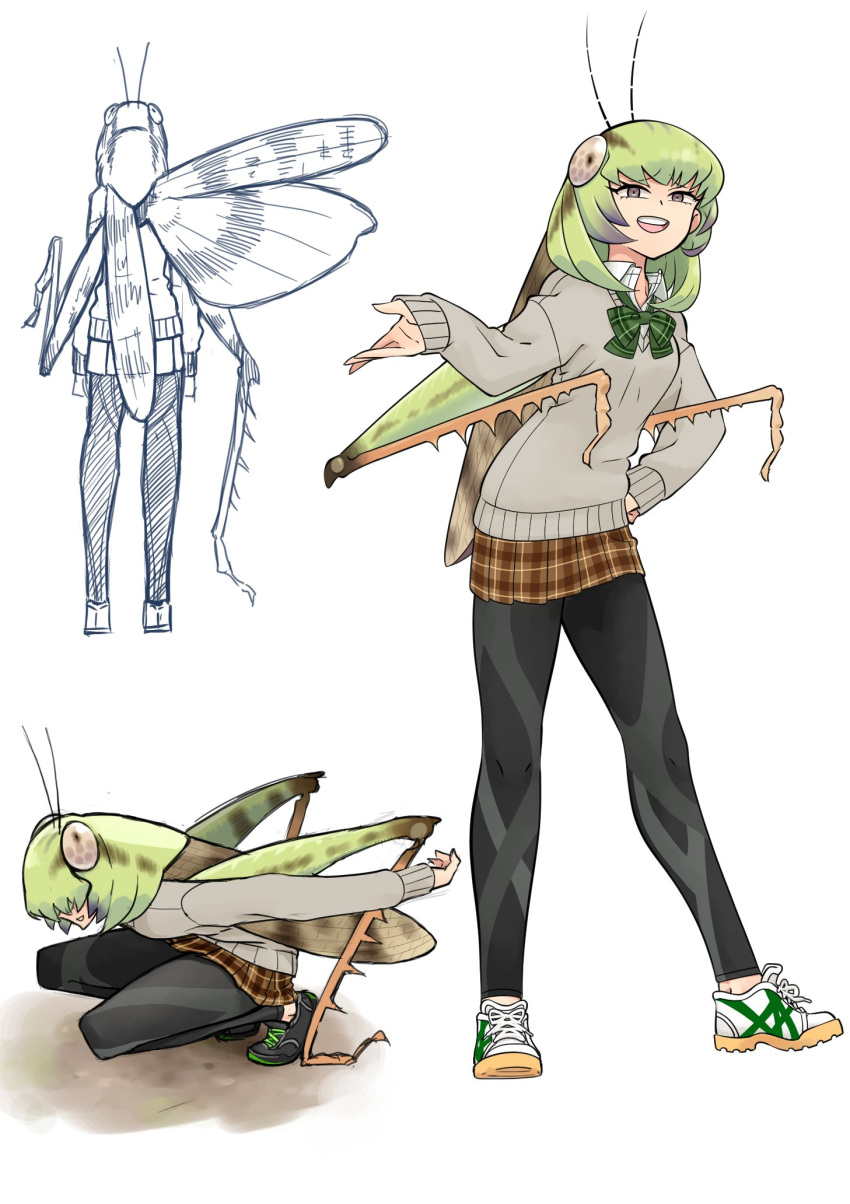 1girl bangs black_legwear bow bowtie bug character_sheet collared_shirt evolvingmonkey eyebrows_visible_through_hair from_behind full_body grasshopper green_hair grey_eyes hand_on_hip highres insect insect_girl insect_wings leggings multiple_views open_mouth original school_uniform shirt shoes sketch sneakers squatting standing sweater upper_teeth white_shirt wings