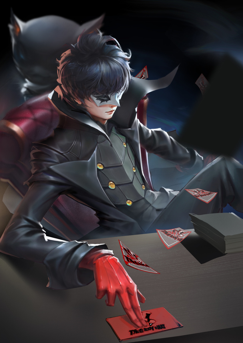 1boy absurdres amamiya_ren bangs black_hair card chair closed_mouth commentary covered_eyes danger0088 desk english_commentary gloves high_collar highres jacket leather leather_jacket long_sleeves male_focus mask paper_stack persona persona_5 red_gloves sitting solo