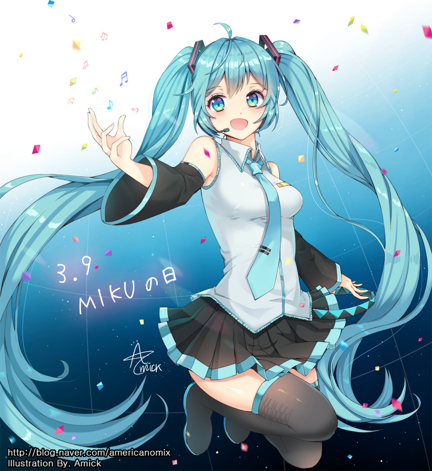 1girl :d ahoge amick_(americanomix) black_footwear black_skirt blue_eyes blue_hair blue_neckwear boots character_name detached_sleeves floating_hair full_body hatsune_miku headphones headset highres long_hair looking_to_the_side microphone miniskirt necktie open_mouth pleated_skirt shiny shiny_hair shirt skirt sleeveless sleeveless_shirt smile solo thigh-highs thigh_boots twintails very_long_hair vocaloid watermark white_shirt zettai_ryouiki