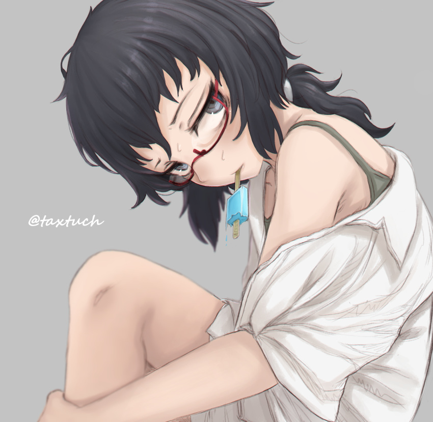 1girl black_eyes black_hair black_shirt blurry camisole closed_mouth commentary food from_side girls_und_panzer glaring glasses grey_background half-closed_eyes head_tilt highres leg_grab light_frown long_sleeves looking_at_viewer medium_hair messy_hair mouth_hold off_shoulder oryou_(girls_und_panzer) popsicle red-framed_eyewear semi-rimless_eyewear shirt short_ponytail simple_background sitting sleeves_rolled_up solo sweat tacch twitter_username under-rim_eyewear white_shirt