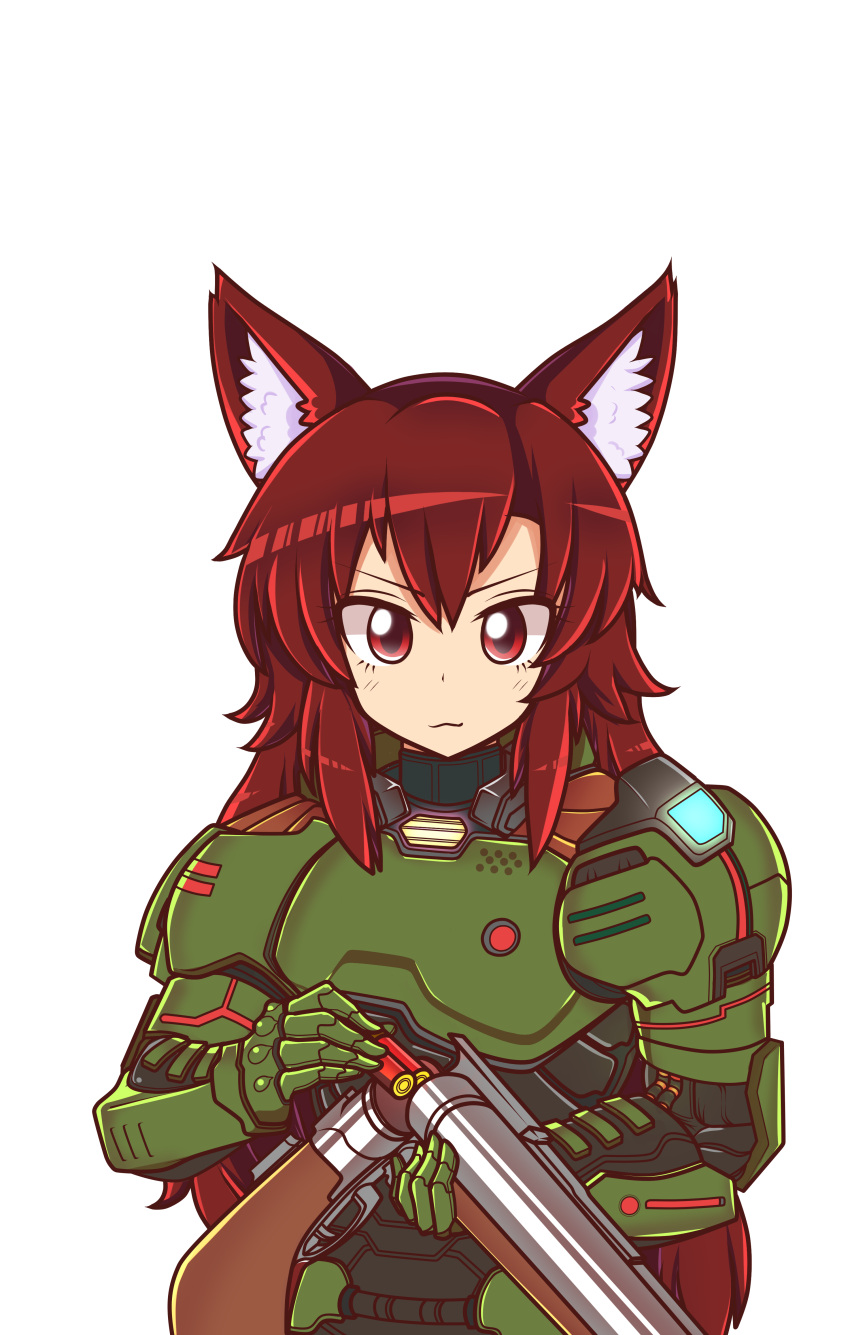 1girl absurdres blush closed_mouth cosplay doom_(game) doomguy doomguy_(cosplay) eyebrows_visible_through_hair gun highres holding holding_gun holding_weapon imaizumi_kagerou long_hair looking_at_viewer majormilk red_eyes redhead shotgun shotgun_shells smile solo touhou upper_body weapon wool_(miwol)_(style)