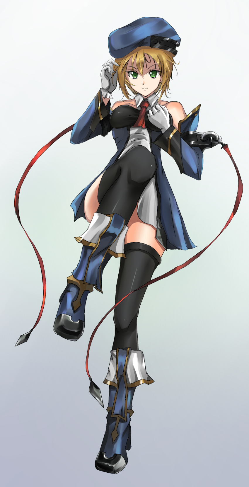 1girl absurdres beret black_legwear blazblue blonde_hair bolverk boots breasts demonk detached_sleeves dress full_body gloves green_eyes hand_in_hair hat highres looking_at_viewer necktie noel_vermillion small_breasts smile solo standing standing_on_one_leg thigh-highs weapon white_gloves