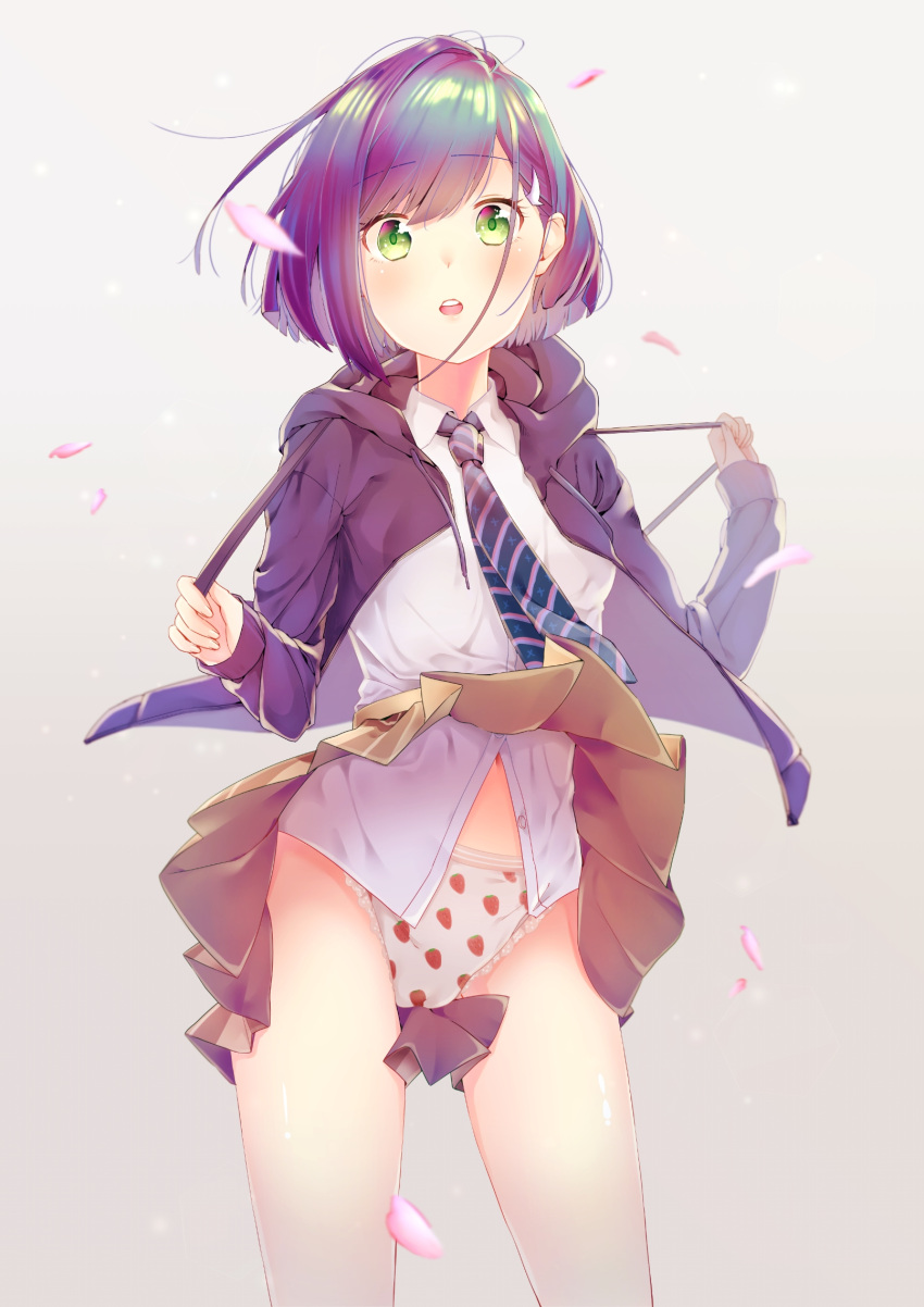 1girl black_jacket blue_hair blue_neckwear brown_skirt cherry_blossoms cowboy_shot darling_in_the_franxx dress_shirt eyebrows_visible_through_hair food_print frilled_panties frills green_eyes grey_background hair_ornament hairclip highres hood hooded_jacket ichigo_(darling_in_the_franxx) jacket looking_at_viewer miniskirt necktie open_clothes open_jacket open_mouth panties pleated_skirt print_panties shirt short_hair simple_background skirt solo standing strawberry_panties strawberry_print striped_neckwear suzu_(tonami0726) underwear white_shirt wind wind_lift