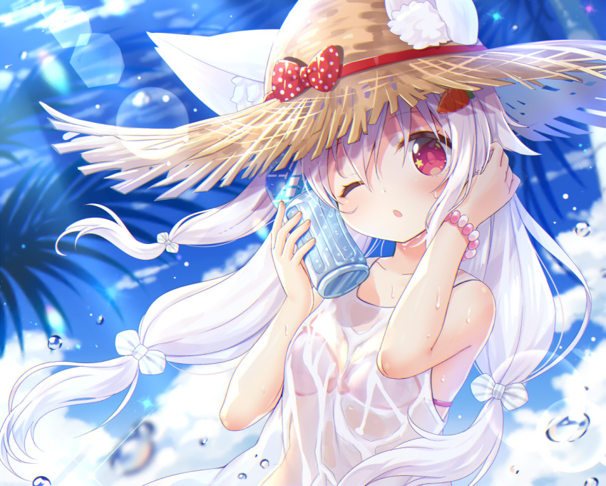 1girl ;o animal_ears bare_arms bare_shoulders bikini bikini_under_clothes blue_sky blurry blurry_background blush bottle bottle_to_cheek bow breasts clouds commentary_request day depth_of_field ears_through_headwear hair_bow hat hat_bow head_tilt holding holding_bottle long_hair looking_at_viewer one_eye_closed original outdoors parted_lips pink_bikini polka_dot polka_dot_bow red_bow shirt sky sleeveless sleeveless_shirt small_breasts solo star star_in_eye straw_hat striped striped_bow swimsuit symbol_in_eye tri_tails water_bottle water_drop white_hair white_shirt yano_mitsuki