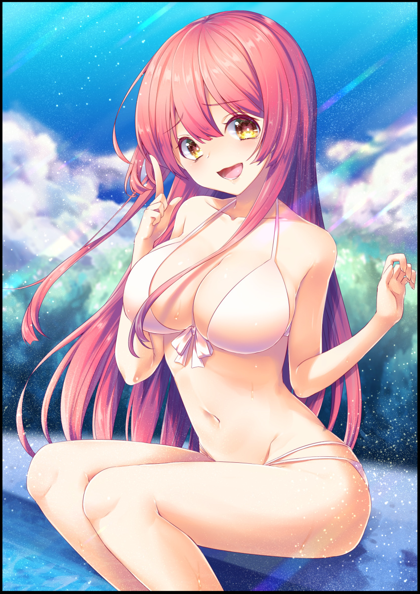1girl :d absurdres aiki_chiharu bangs bare_arms bare_shoulders bikini blue_sky blurry blurry_background breasts brown_eyes cleavage clouds collarbone commentary_request day depth_of_field eyebrows_visible_through_hair fingernails front-tie_top hair_between_eyes hands_up head_tilt highres index_finger_raised large_breasts long_hair multi-strapped_bikini navel open_mouth original outdoors redhead sitting sky smile solo swimsuit very_long_hair wakuta_chisaki white_bikini