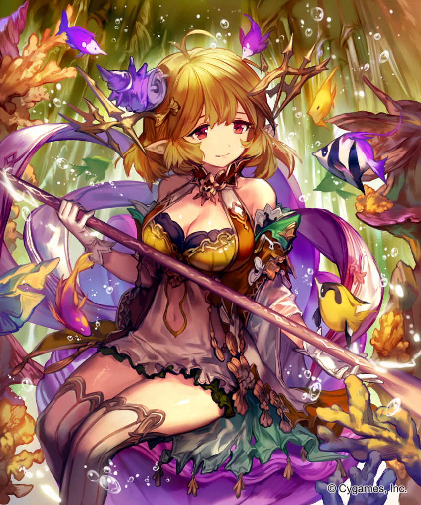 1girl ahoge air_bubble blonde_hair braid breasts bubble clam clam_shell cleavage coral gloves grey_legwear hair_ornament highres holding holding_staff lee_hyeseung long_hair medium_breasts official_art pointy_ears red_eyes seashell seashell_hair_ornament shell shingeki_no_bahamut sitting staff thigh-highs tropical_fish twin_braids underwater watermark white_gloves