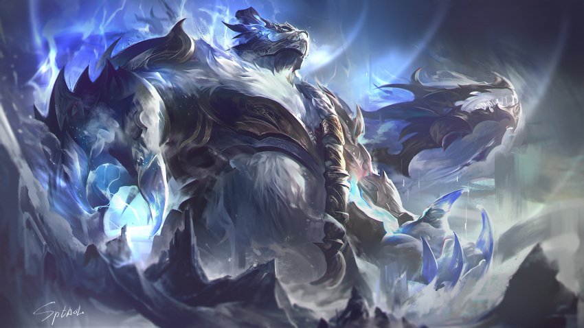 1boy 2others absurdres armor artist_name aurelion_sol_(league_of_legends) bear blurry blurry_foreground braid claws dragon eastern_dragon from_below giant glowing glowing_eyes helmet highres league_of_legends mountain multiple_others open_mouth volibear white_eyes white_fur wutu_(1183238220)