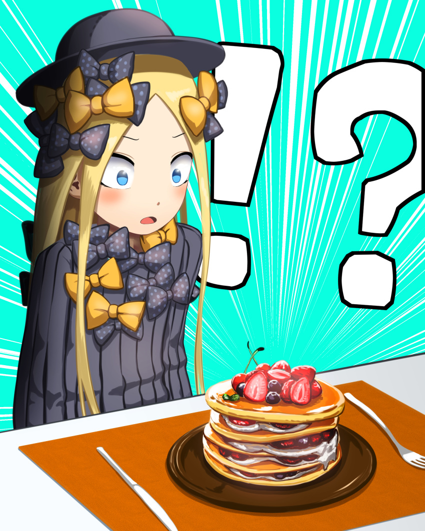 !? 1girl abigail_williams_(fate/grand_order) absurdres bangs black_bow black_dress black_hat blonde_hair blue_eyes blueberry blush bow cherry commentary_request dress emphasis_lines fate/grand_order fate_(series) food forehead fork fruit hair_bow hat highres knife long_hair long_sleeves looking_away open_mouth orange_bow pancake parted_bangs plate polka_dot polka_dot_bow sanbe_futoshi sidelocks solo stack_of_pancakes strawberry very_long_hair wide-eyed