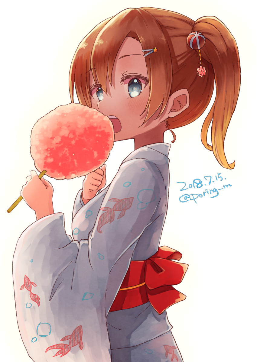 1girl alternate_hairstyle animal_print bangs blue_eyes brown_hair cotton_candy cowboy_shot dated eating eyebrows_visible_through_hair fish_print food hair_between_eyes hair_ornament hair_up hairclip highres holding holding_food japanese_clothes kimono kousaka_honoka looking_at_viewer looking_to_the_side love_live! love_live!_school_idol_project miyamae_porin open_mouth orange_hair profile side_ponytail solo twitter_username white_background wide_sleeves yukata