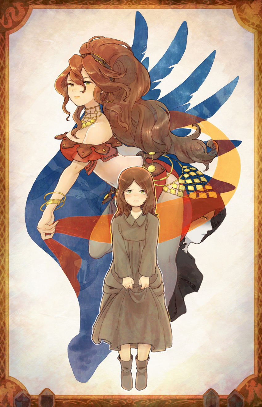 1girl age_comparison bare_shoulders blush bracelet breasts brown_hair crying crying_with_eyes_open dancer dress feathers frame green_eyes hair_between_eyes hairband highres jewelry long_hair looking_at_viewer medium_breasts midriff mozuku_(mozuuru0323) multiple_views navel necklace octopath_traveler pelvic_curtain picture_frame ponytail primrose_azelhart side_slit skirt_hold strapless tears tubetop