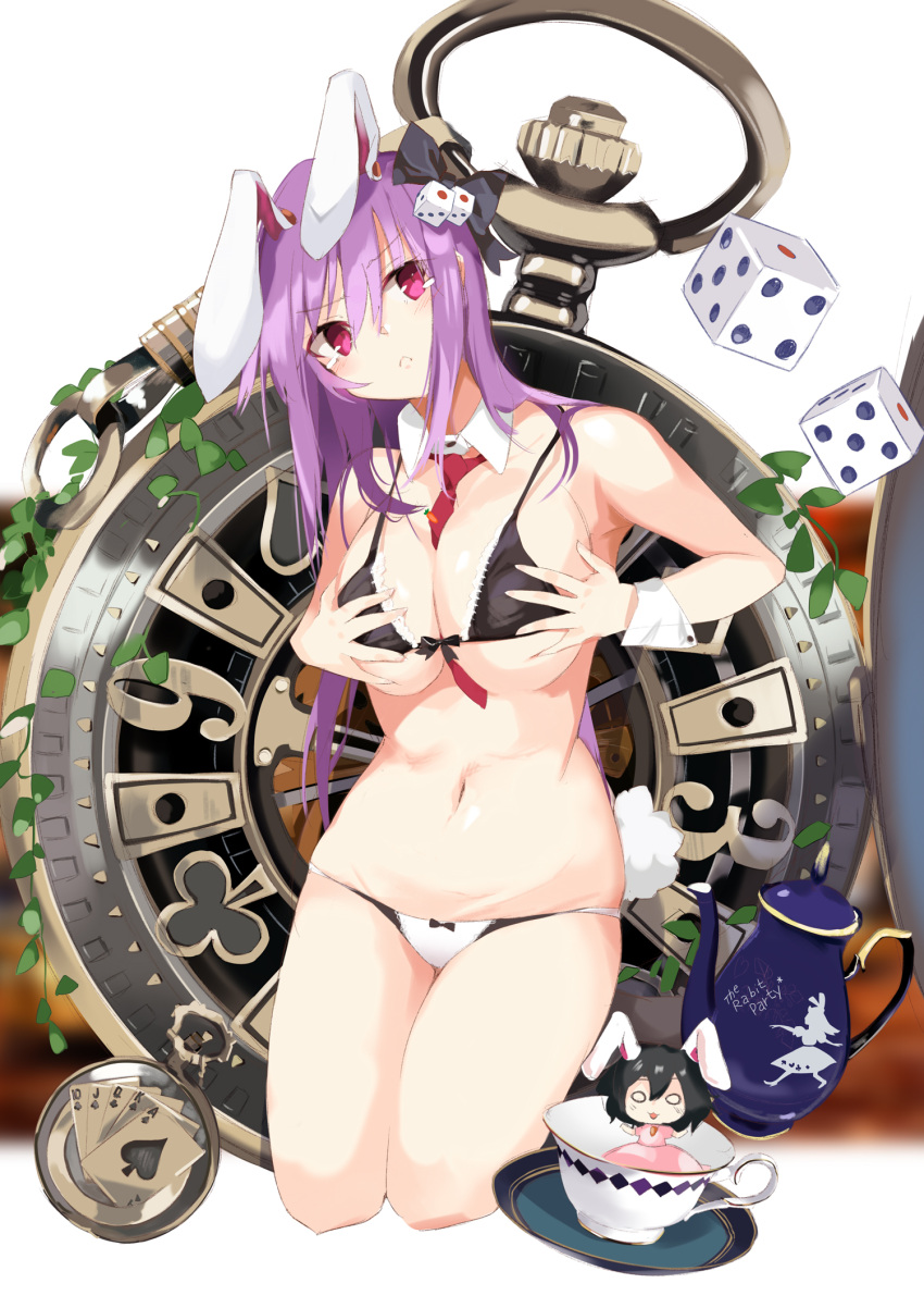 2girls :3 ace_of_spades animal_ears bare_arms bare_shoulders between_breasts black_bow black_bra black_hair blush bow bow_panties bra breasts card club_(shape) commentary_request cup detached_collar diamond_(shape) dice dress eyebrows_visible_through_hair hair_between_eyes hair_bow hands_on_own_breasts head_tilt highres in_container in_cup inaba_tewi kneeling large_breasts long_hair looking_at_viewer minigirl multiple_girls navel necktie necktie_between_breasts o_o panties parted_lips pink_dress pink_eyes plant plate pocket_watch purple_hair rabbit_ears red_neckwear reisen_udongein_inaba short_hair spade_(shape) stomach teacup teapot tears tetsurou_(fe+) thighs touhou underwear underwear_only very_long_hair watch white_background white_panties wing_collar wrist_cuffs