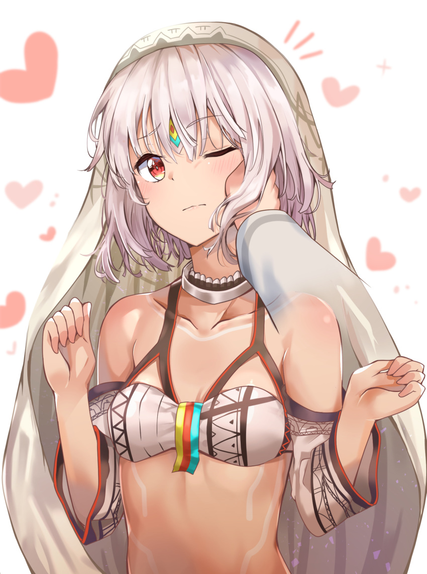 1girl altera_(fate) bangs blush bustier closed_mouth collar collarbone dark_skin detached_sleeves disembodied_limb eyebrows_visible_through_hair fate/extra fate/grand_order fate_(series) forehead_jewel full_body_tattoo hand_on_another's_cheek hand_on_another's_face heart highres looking_at_viewer one_eye_closed red_eyes short_hair solo_focus sunhyun tattoo veil white_hair