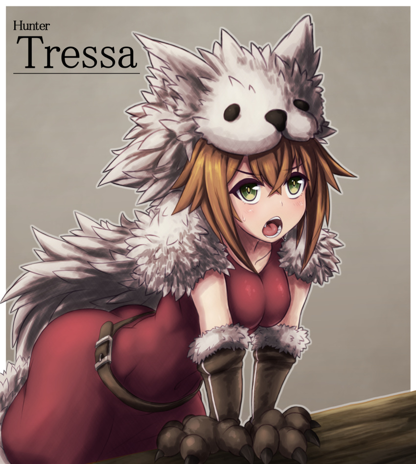 1girl animal_hood belt breasts brown_hair cape character_name covered_navel dress fur_cape gloves green_eyes grey_background hair_between_eyes highres hood leaning_forward medium_breasts octopath_traveler open_mouth paw_gloves paws red_dress shiranaihito short_hair solo sweat tressa_(octopath_traveler) wolf_hood