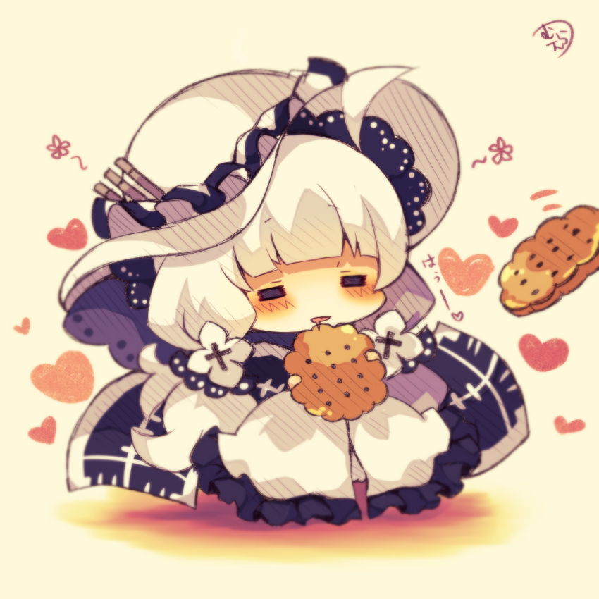 1girl =_= azur_lane bangs beige_background blush chibi closed_eyes dress drooling eyebrows_visible_through_hair facing_viewer food frilled_dress frills hat heart highres holding holding_food illustrious_(azur_lane) long_hair low_twintails muuran parted_lips saliva signature silver_hair solo twintails very_long_hair white_dress white_hat