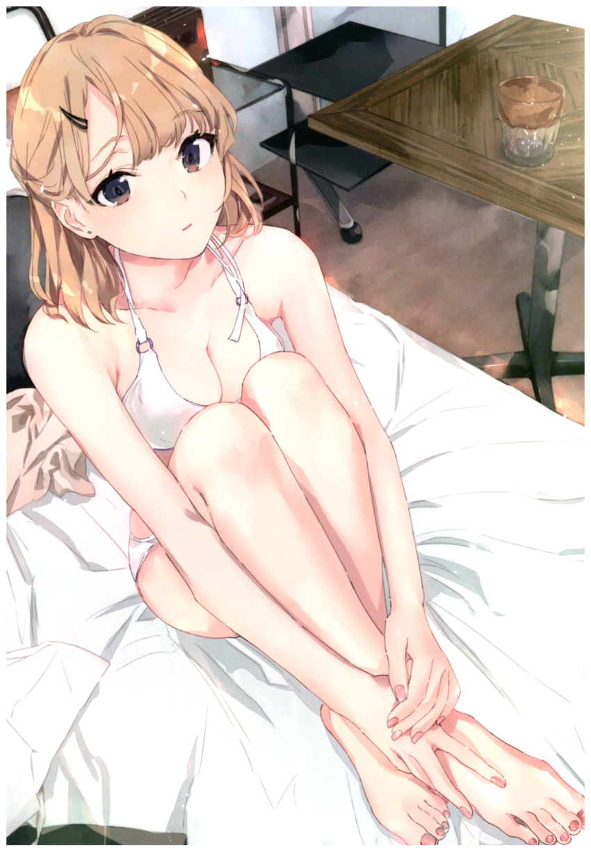 1girl absurdres bangs bare_arms bare_legs bare_shoulders barefoot bed_sheet bikini blush breasts brown_eyes chair cleavage collarbone cup dutch_angle earrings eyebrows_visible_through_hair fingernails full_body glass_table hair_ornament hairclip halterneck highres indoors isshiki_iroha jewelry leg_hug legs_folded light light_brown_hair light_particles looking_at_viewer looking_up medium_breasts medium_hair morning o-ring o-ring_bikini o-ring_top on_bed page_number parted_bangs parted_lips ponkan_8 sitting sitting_on_bed solo swimsuit table windowboxed wooden_table yahari_ore_no_seishun_lovecome_wa_machigatteiru.