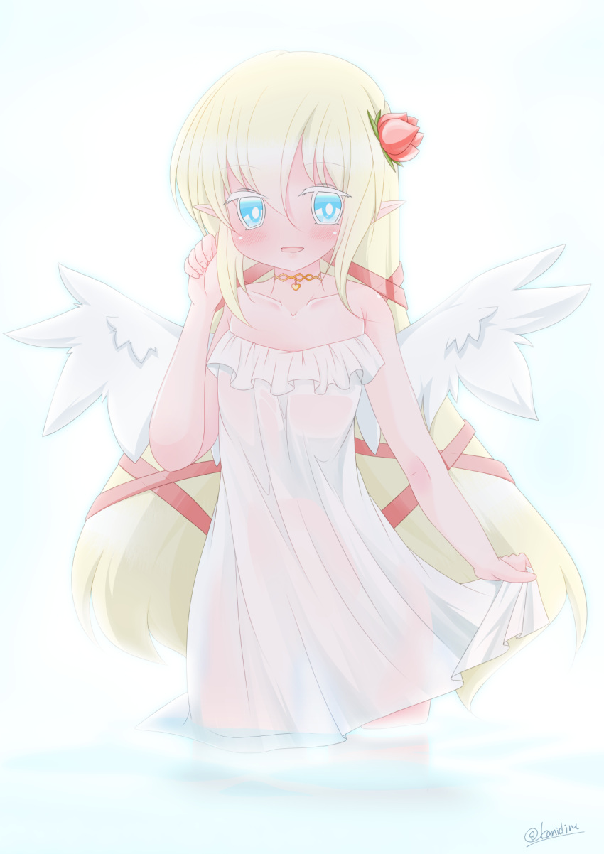 1girl :d bangs bare_shoulders blonde_hair blue_eyes blush collarbone commentary_request dress eyebrows_visible_through_hair feathered_wings fingernails flower hair_between_eyes hair_flower hair_ornament hair_ribbon hand_up heart highres kanijiru long_hair looking_at_viewer open_mouth original pointy_ears red_flower red_ribbon red_rose ribbon rose smile solo standing strapless strapless_dress twitter_username very_long_hair wading water white_dress white_wings wings