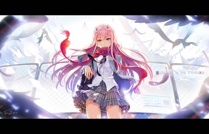 1girl 2018 artist_name bird black_feathers blazer copyright_name cowboy_shot darling_in_the_franxx dated dress_shirt eyebrows_visible_through_hair floating_hair from_below green_eyes grey_blazer grey_skirt hairband highres horns jacket long_hair looking_at_viewer miniskirt open_blazer open_clothes open_jacket pink_hair pleated_skirt red_scarf scarf school_uniform shirt signature skirt solo standing tel-o very_long_hair white_hairband white_shirt zero_two_(darling_in_the_franxx)