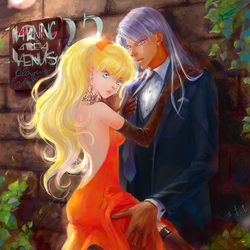 1boy 1girl against_wall aino_minako backless_dress backless_outfit bangs bare_shoulders bishoujo_senshi_sailor_moon black_gloves blonde_hair blue_eyes bow dark_skin dress earrings elbow_gloves eyelashes formal gloves hair_bow half_updo hand_on_another's_shoulder hetero highres jewelry karafuru_tako kunzite_(sailor_moon) lavender_hair long_hair looking_at_viewer necklace necktie necktie_grab neckwear_grab orange_bow orange_dress pink_lips plant strapless strapless_dress suit touching very_long_hair wall