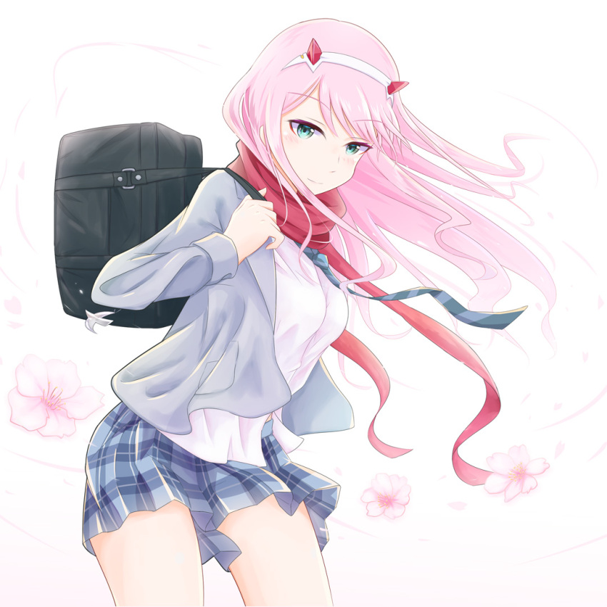 1girl bag blue_skirt cowboy_shot darling_in_the_franxx eyebrows_visible_through_hair floating_hair green_eyes grey_jacket hair_between_eyes hairband horns jacket leaning_forward long_hair looking_at_viewer miniskirt open_clothes open_jacket pink_hair pleated_skirt red_scarf scarf school_bag school_uniform shirt skirt solo very_long_hair white_background white_hairband white_shirt yj_(yujay2837) zero_two_(darling_in_the_franxx)