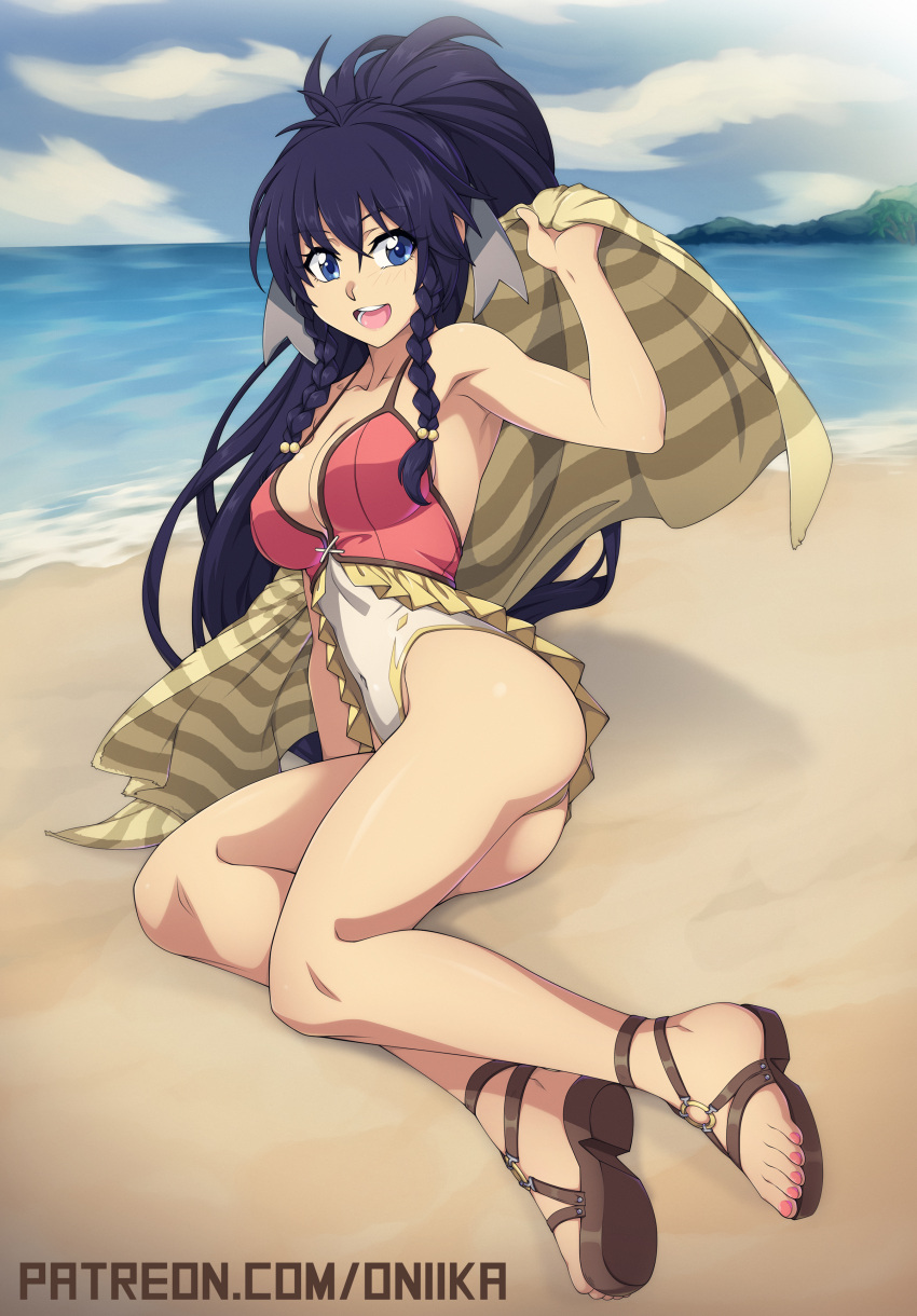 1girl absurdres antenna_hair armpits ass beach black_hair blue_eyes braid breasts cleavage commentary covered_navel day english_commentary fire_emblem fire_emblem:_seima_no_kouseki fire_emblem_heroes full_body highleg highleg_swimsuit highres long_hair lying medium_breasts o-ring ocean on_side open_mouth patreon_username sandals side_braids smile solo spike_wible strap_gap swimsuit tana toenail_polish toes towel twin_braids