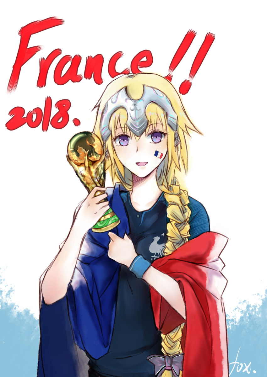 !! 1girl alternate_costume bangs blonde_hair blue_eyes bracelet braid eyebrows_visible_through_hair fate/grand_order fate_(series) flag french_flag headpiece highres holding jeanne_d'arc_(fate) jeanne_d'arc_(fate)_(all) jewelry long_braid long_hair looking_at_viewer open_mouth simple_background single_braid smile soccer soccer_uniform solo sportswear text_focus trophy very_long_hair yano_senyuki