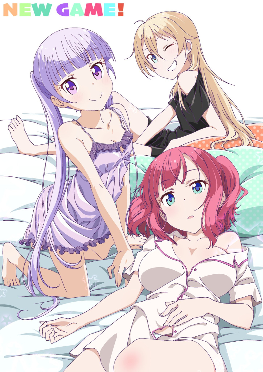 3girls bangs bed_sheet between_legs black_shirt blonde_hair blue_eyes blunt_bangs breasts cleavage collarbone copyright_name eyebrows_visible_through_hair frilled_nightgown grin hair_between_eyes hand_between_legs highres kneeling long_hair looking_at_viewer lying medium_breasts mochizuki_momiji multiple_girls new_game! nightgown off_shoulder on_back one_eye_closed open_clothes open_shirt pillow pink_x polka_dot_pillow purple_hair purple_nightgown redhead shirt short_hair short_sleeves sitting small_breasts smile suzukaze_aoba twintails very_long_hair violet_eyes white_background white_shirt yagami_kou